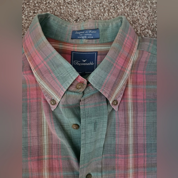 FACONNABLE Green & Rose Plaid Madras Short Sleeve 100% Cotton Shirt | SZ 42 - Picture 6 of 10
